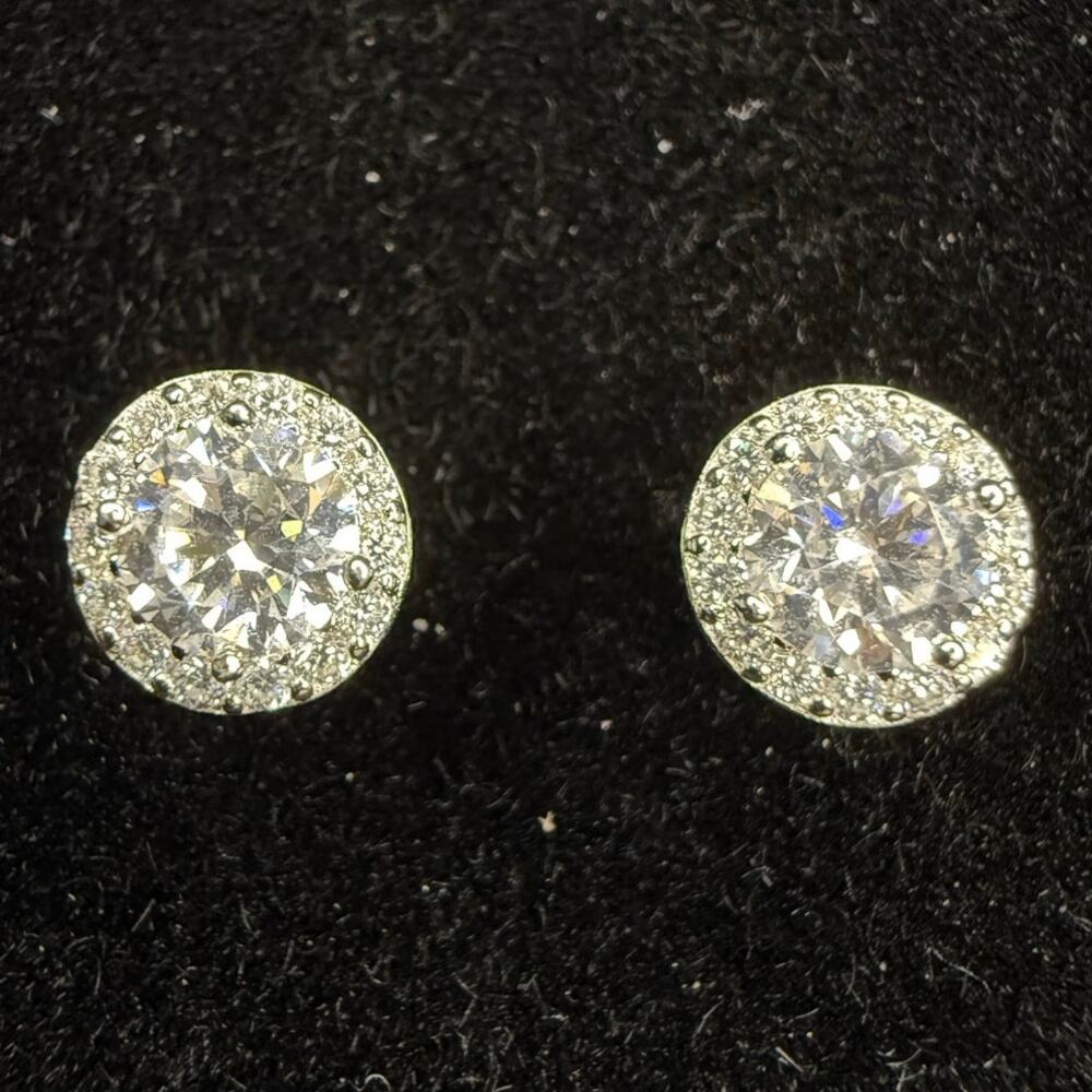 Solid 925 Sterling Silver Moissanite Push Back Halo Earrings 7.47mm